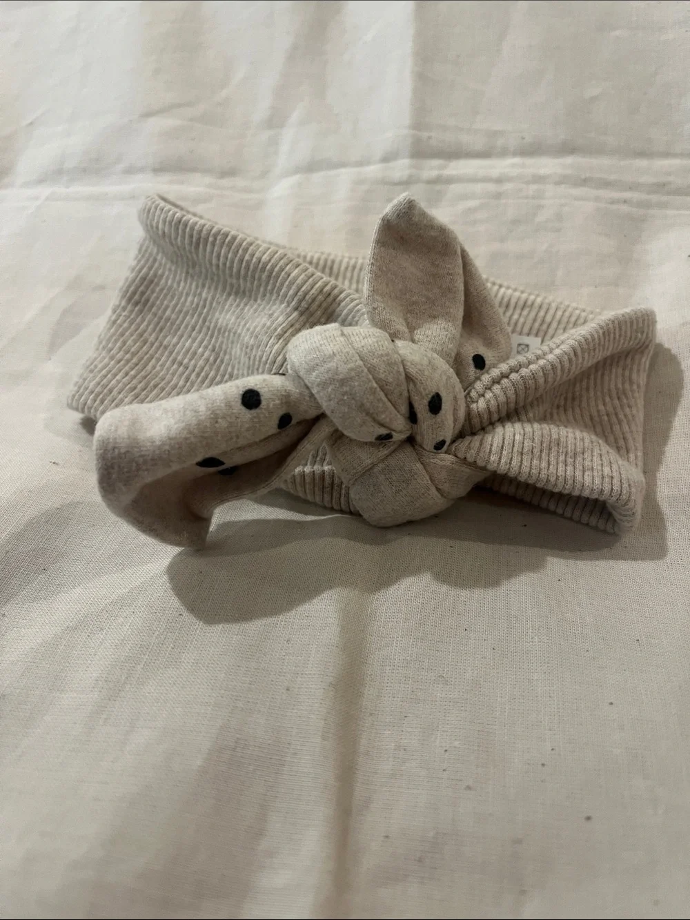 Baby Neutral Beige Knot Headband with Polka Dot Accent